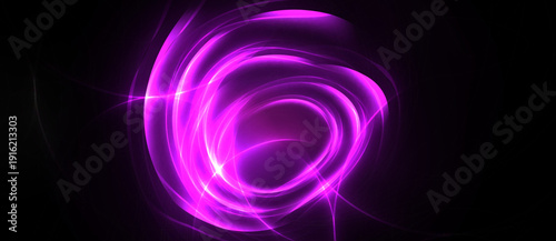 Bright purple swirls radiate from center. Dark background emphasizes luminous energy, creating abstract visual effect.