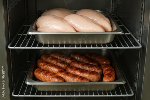 Raw chicken breast stored above cooked sausage on wire rack shelf creating cross contamination hazard demonstrating unsafe food handling practice in commercial kitchen