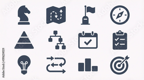 Comprehensive Set of Business Strategy and Planning Icons Representing Goals, Ideas, and Project Management Concepts