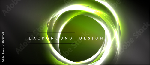 Abstract green neon circles over dark background. Text reads background design. Simple, modern visual element.