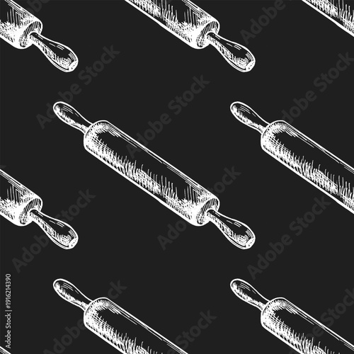Hand drawn vintage seamless pattern of rolling pin in chalk style on chalkboard background illustration