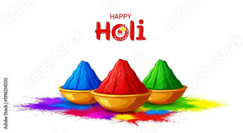 Vibrant Holi celebration with colorful powder in bowls, symbolizing joy and festivity in a lively atmosphere