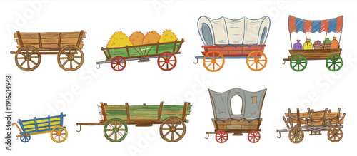 Collection of eight diverse wagons and carts, including covered wagons, hay carts, and market stalls, rendered in a charming illustration style.