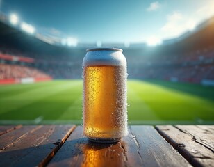 Cold beer can sits on wooden table at stadium. Green field and spectators in background. Enjoying sports event with refreshing drink during sunny day.