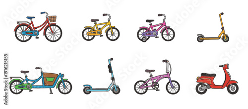 A collection of various two-wheeled vehicles including bicycles, electric scooters, a cargo bike, and a moped, displayed on a white background.