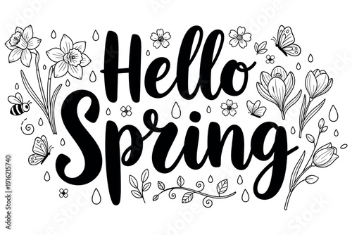 Spring floral lettering with doodle flowers and leaves