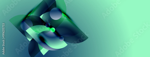 Abstract composition featuring overlapping translucent shapes, gradients, cool tones. Minimalist design evokes fluidity, movement, depth.