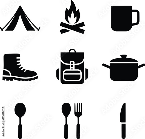 Camping and outdoor equipment icon set, tent campfire and hiking boot solid vector illustration