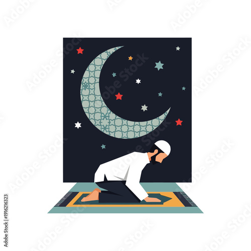 A Muslim man performing prostration prayer on a mat under a starry night sky with a decorative crescent moon.