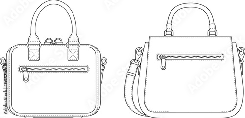 Black and white line of two handbags with zippers and straps purse accessory fashion