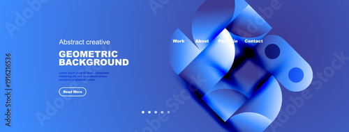 Blue website header features geometric shapes, text elements, navigation menu. Modern design promotes creativity, information access.