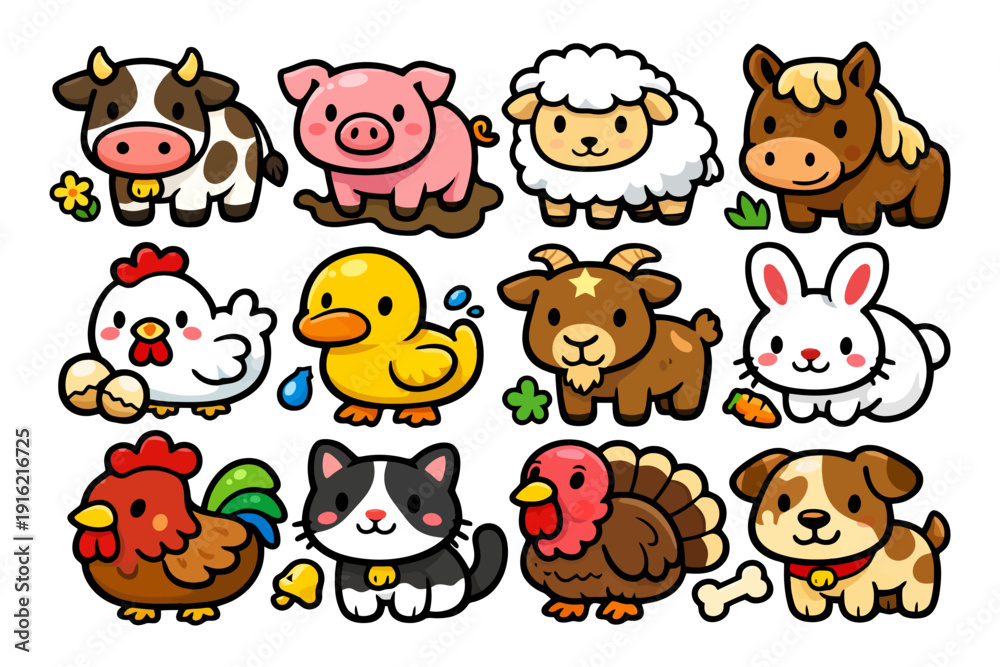 Obraz premium Cute cartoon farm animals collection featuring cows, pigs, sheep, and more.