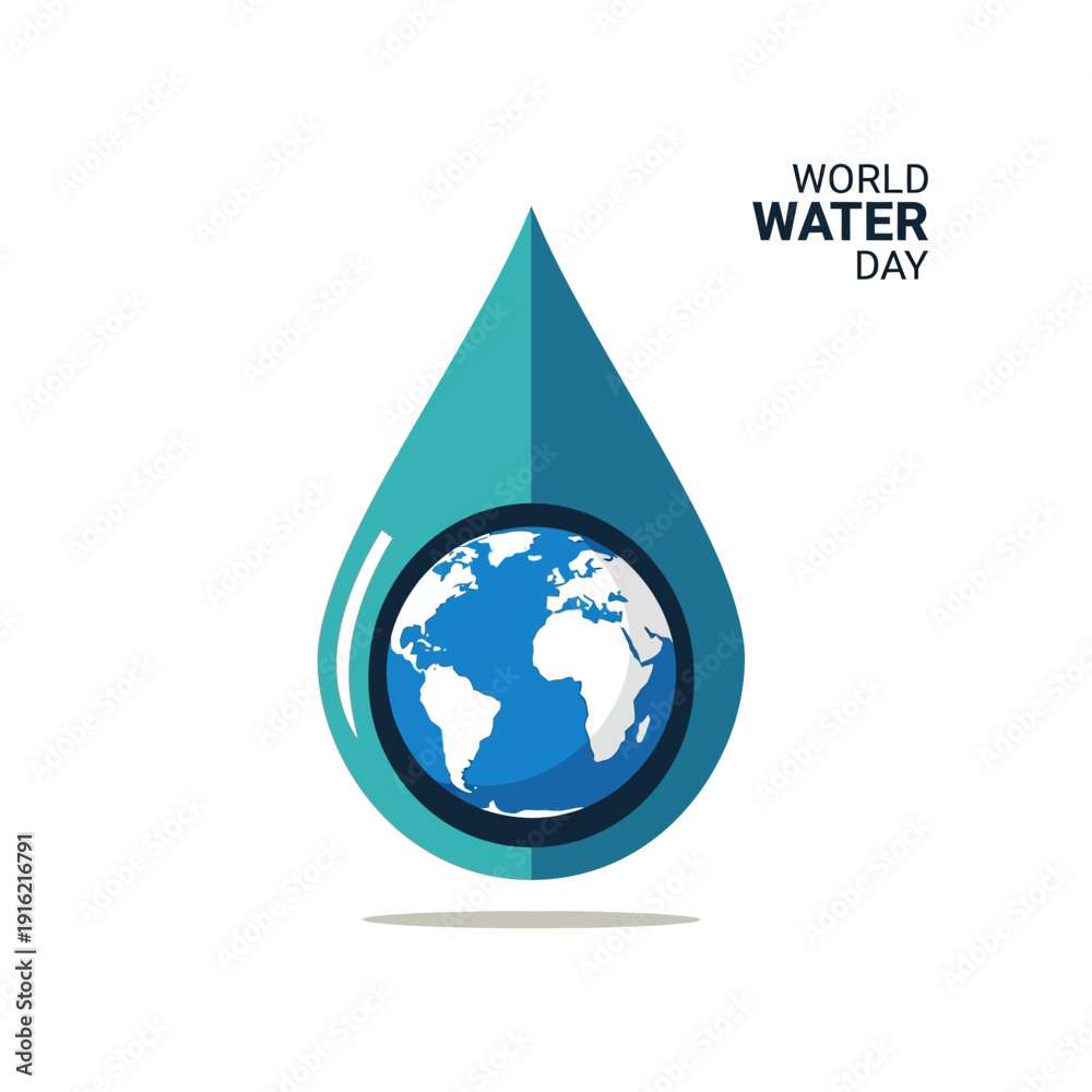 Fototapeta premium World Water Day illustration featuring a blue water drop with a globe inside, symbolizing global water conservation and environmental awareness.