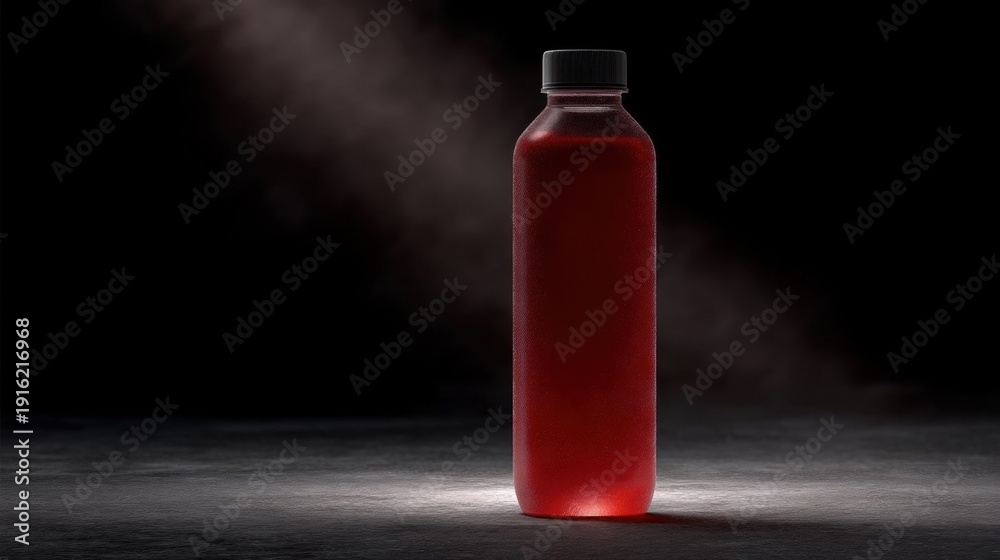 Obraz premium Tall, cylindrical bottle with a black cap. the bottle is filled with a red liquid, which appears to be a smoothie or juice.