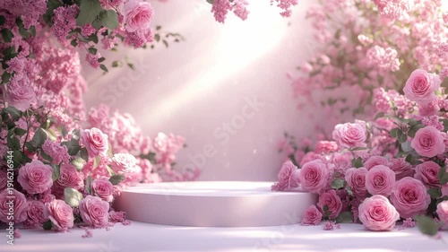 Round empty podium on a soft pastel pink background, surrounded by roses. Perfect for Mother's Day, Women's day, March 8,Birthday, Anniversary. Podium for product presentation and demonstration