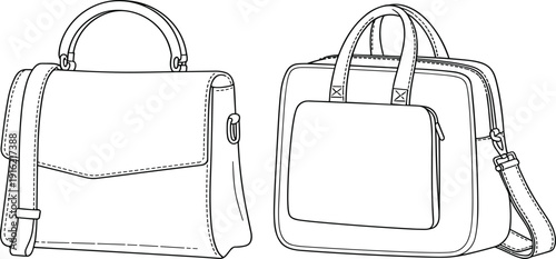 Two black and white line of handbags one structured satchel and one duffel bag purse
