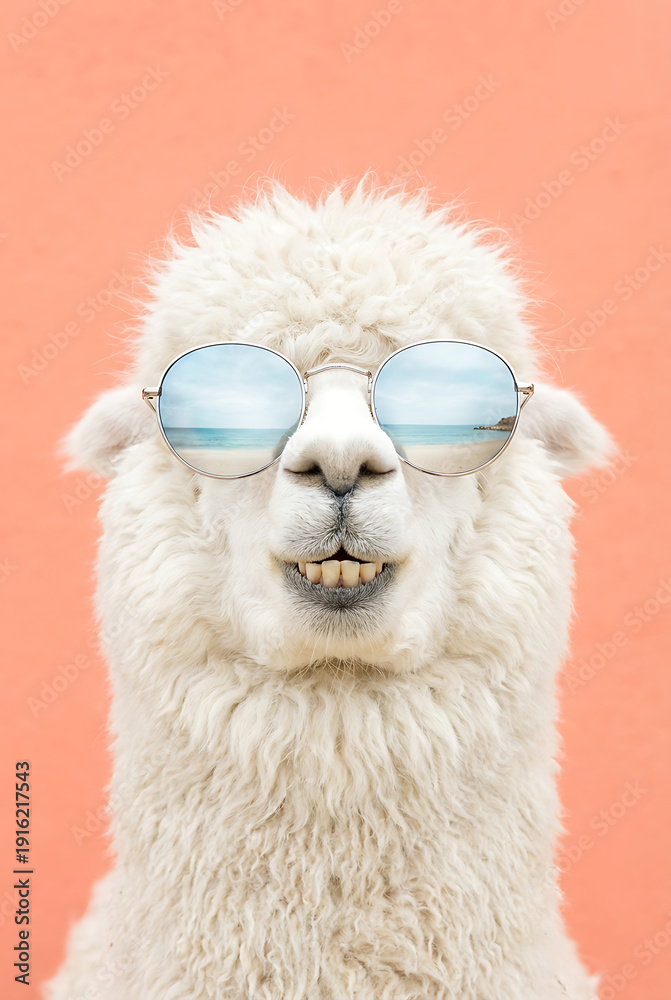Obraz premium Alpaca wearing sunglasses and smiling against a pink background 
