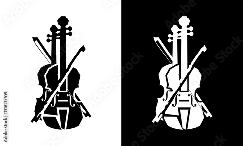 Stylized Violin and Bows Black and White Silhouette Design.