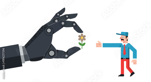 Ethical AI Integration: Robot Hand Gently Offers Value, Symbolizing Human-Machine Trust and Collaborative Future