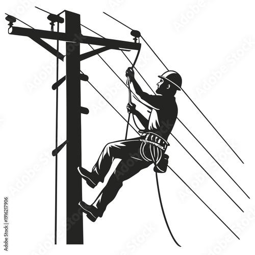 Lineman climbing utility pole silhouette.

