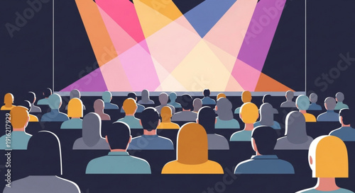 Crowd of people watching colorful lights at an event or presentation in a dark room with vibrant beams