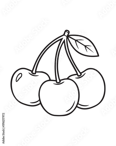 cherries, simple and clean black and white line art illustration of three fresh cherries attached to a stem with a single leaf