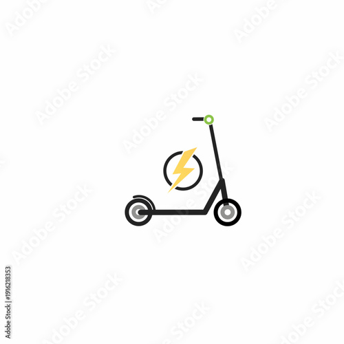 Minimalist vector icon of an electric kick scooter with a yellow lightning bolt charging symbol. Modern ecological micro-mobility transport sign.
