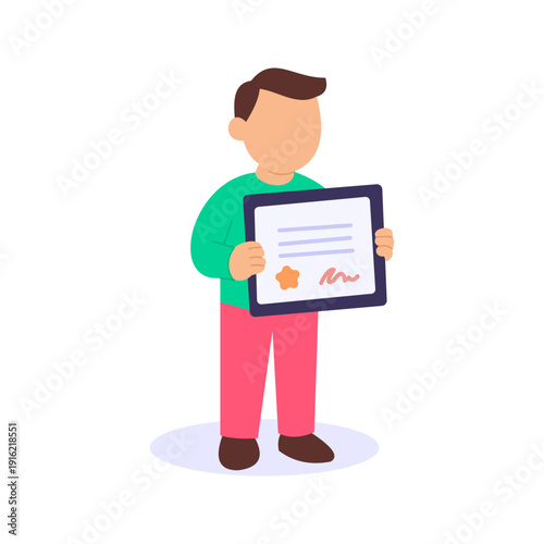 Certificate Collection, receiving approved official business documents, Flat vector character illustration