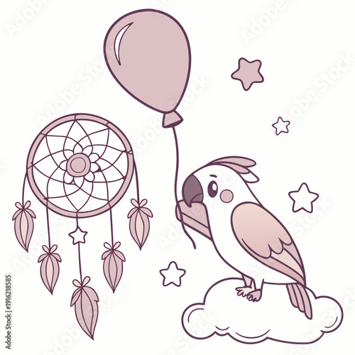 Dreamland colored Parrot with a Cheerful touch, placed in a Fantasy dream theme and styled with with a balloon