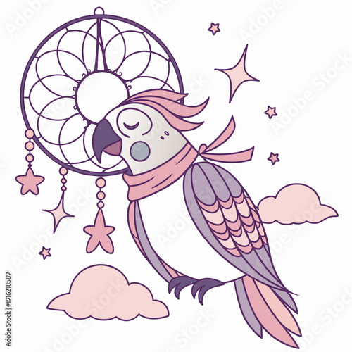 Cute Grumpy Parrot, accessorized with with a scarf, in a Fantasy dream world – Dreamland palette vector