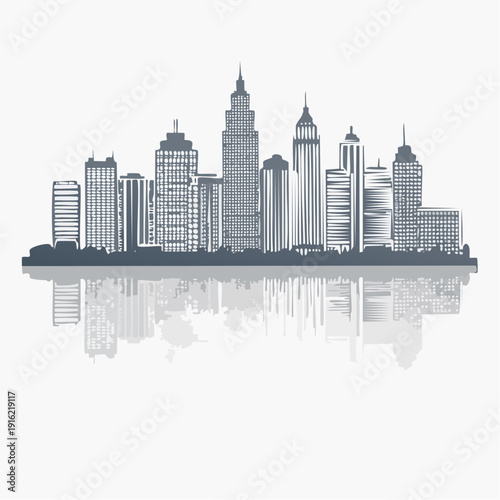 Modern city skyline with sleek skyscrapers and reflective surface.