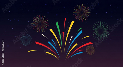 Vibrant colorful fireworks exploding in night sky with starry background and dynamic streaks of light