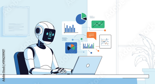 Modern flat vector illustration of artificial intelligence robot working on laptop in modern office workspace, representing automation, digital workforce, future technology, and AI productivity