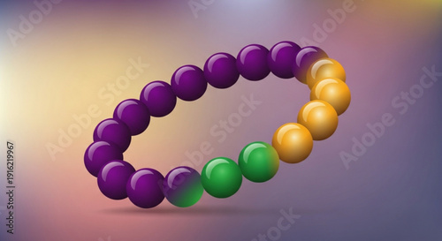Colorful beads in purple green and yellow on a gradient background forming a circular pattern
