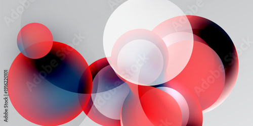 Abstract composition featuring overlapping spheres. Red, white, black hues blend, creating dynamic visual effect. Minimalist design.