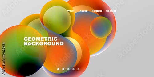 Abstract circles overlap, creating vibrant color blends. Text elements present work, about, portfolio, contact options. Minimalist design.