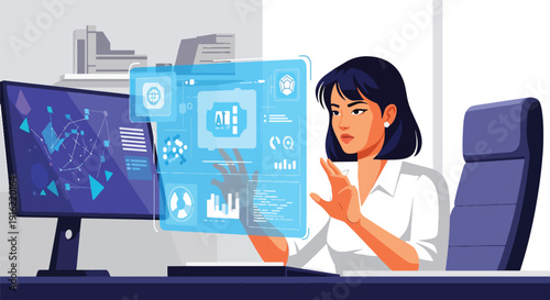 Modern flat vector illustration of person interacting with hologram artificial intelligence interface in modern workspace, representing digital future and smart technology concept