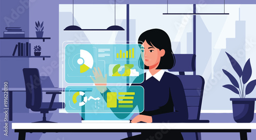 Modern flat vector illustration of person interacting with hologram artificial intelligence interface in modern workspace, representing digital future and smart technology concept