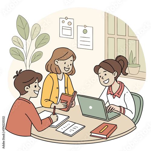 Happy smiling teens students studying in group. vector file