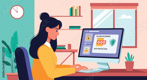 Modern flat vector illustration of user entering secure password on laptop with shield icon, representing data privacy and cybersecurity protection