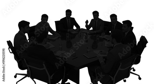 Silhouettes of people sitting around a large conference table in a meeting
