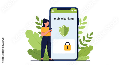 Modern flat vector illustration of secure online payment protection with shield and lock icons on smartphone screen, representing fintech security