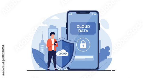 Modern flat vector illustration of cloud computing data protected by digital lock and shield, representing secure storage and cybersecurity technology