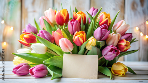 Beautiful bouquet of tulip flowers with Happy Birthday card on light background, closeup