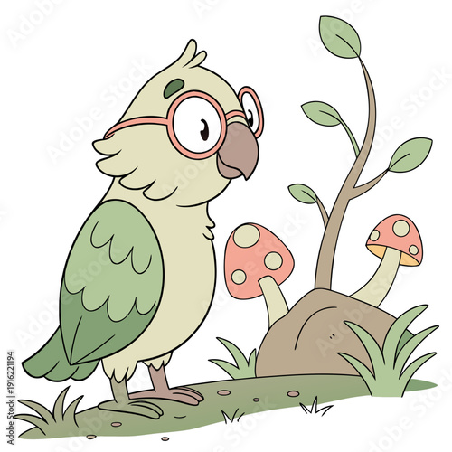 Cute Playful Parrot, accessorized with wearing glasses, in a Fairy forest world – Whimsy Woods palette vector