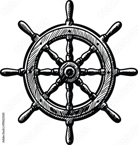 Black and white ship wheel silhouette sketch with vintage nautical maritime design