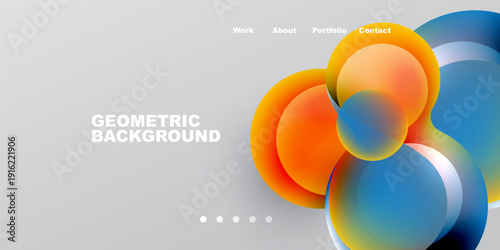 Abstract design features vibrant overlapping circles. Gradient colors blend orange, blue, white. Minimalist text highlights website navigation options.