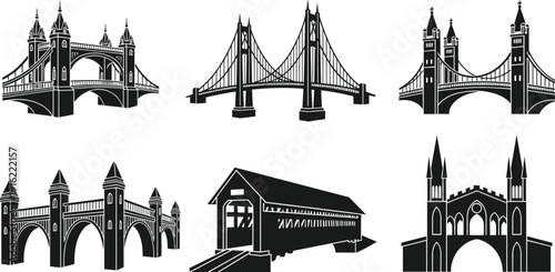 Bridge silhouette collection vector illustration set with suspension stone arched and covered bridges historical landmark architecture isolated on white background for graphic design