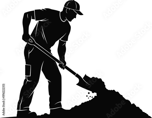 Construction worker digging with shovel silhouette vector illustration for manual labor gardening landscaping building site work professional industrial character isolated on white background
