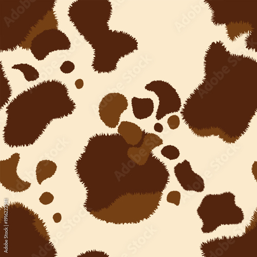 Texture spot, fluffy skin brown cow. Trendy animalistic seamless pattern on white background for fashion, packaging, fabric and more.